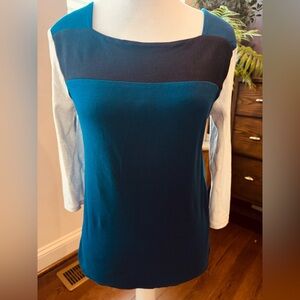 Ann Taylor Blue Color block Cotton Square Neckline Petite Top